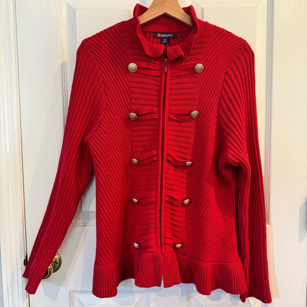 Roaman’s Red Knit Military Style Sweater Jacket Women’s 14/16 Zip Front Holiday